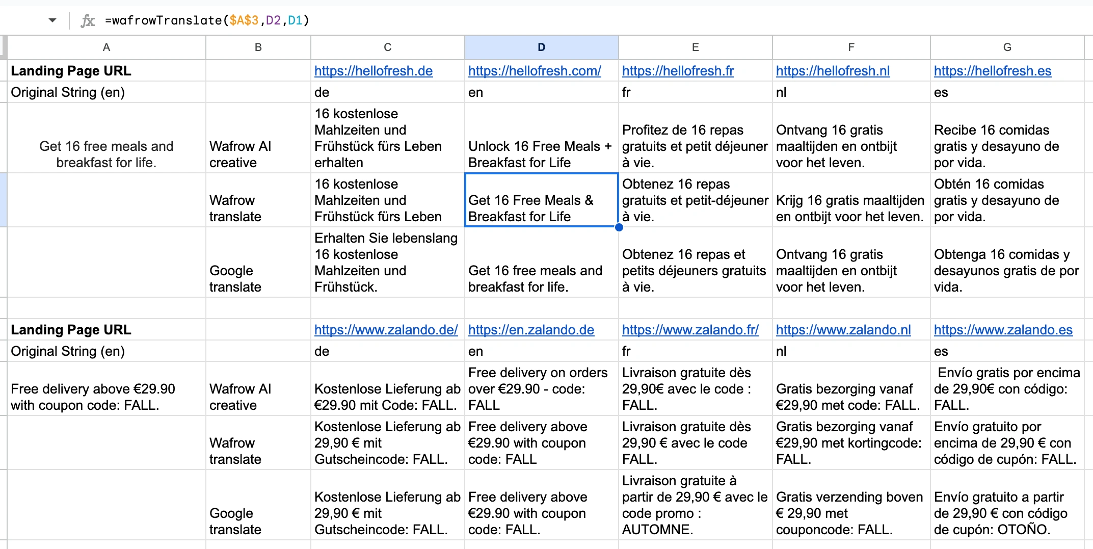 Screengrab of Wafrow Google sheets extension showing creative and translate APIs