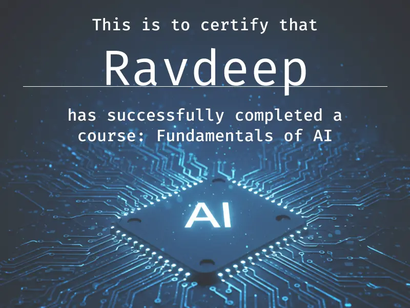 Sample certificate for a course fundamentals of AI