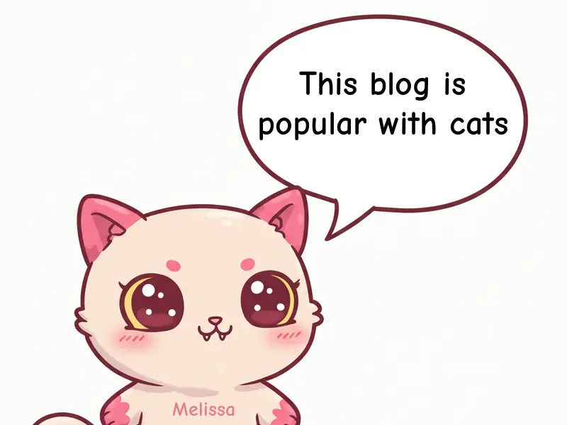 Sample open graph image of a blog, cartoon cat with a name on her chest speaking the text in a speech bubble