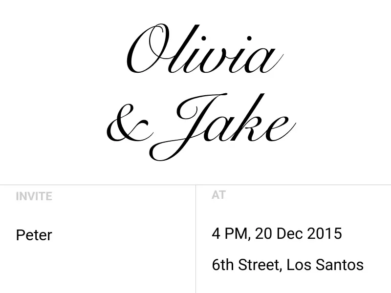 Sample wedding invite of a couple named Olivia and Jake